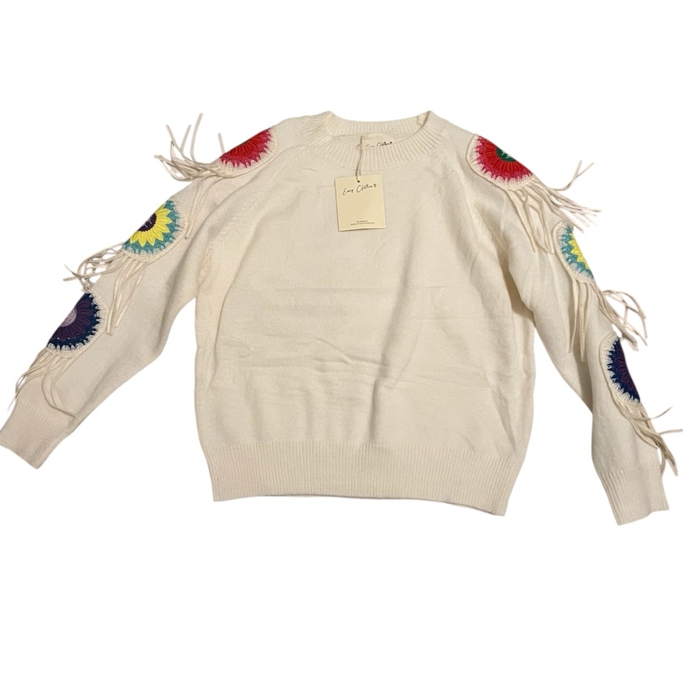 Easy Clothes Cream Embroidered Color Patchwork Fringe Knit Sweater Small Medium